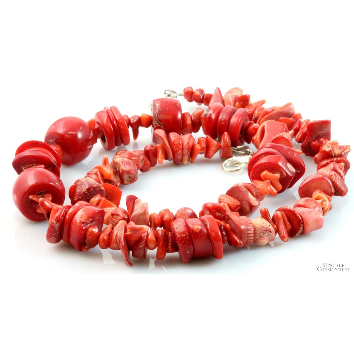 Red Coral Bead & Sterling Silver Necklace, Bracelet Earring Set - 21.5" - Thumbnail 3