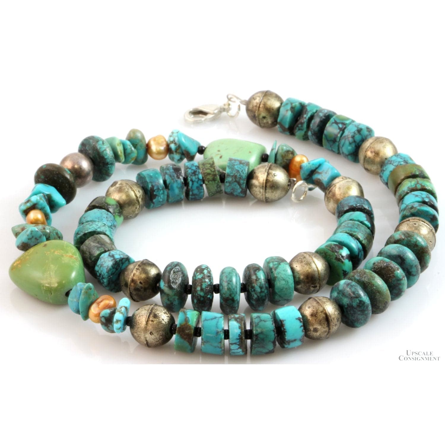 Handcrafted Turquoise & Gold Pearl & Silver Bench Bead Necklace - 17 in - Thumbnail 2