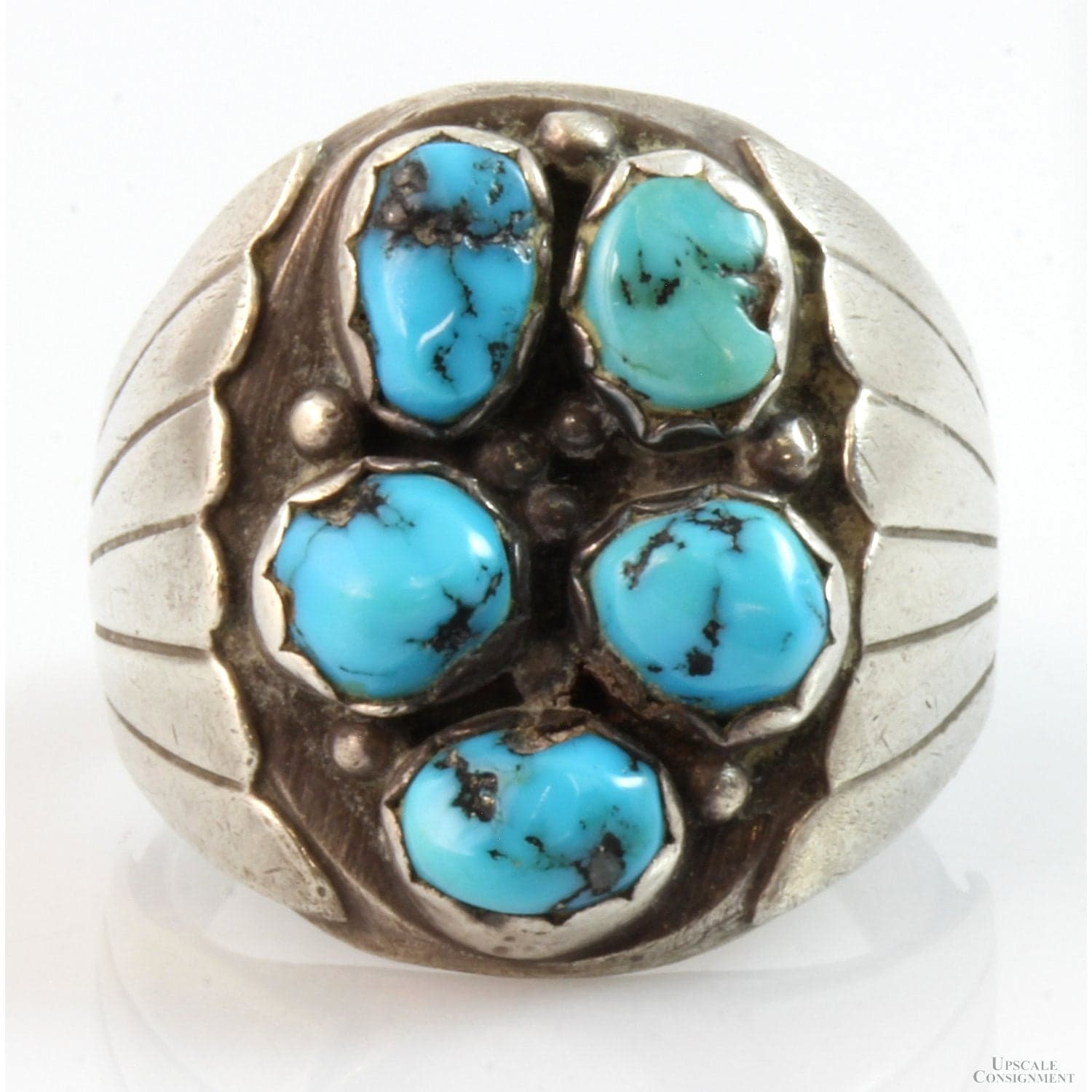Turquoise Nugget Cluster Sterling Silver Men's Ring - Size 10.5 - Image 1