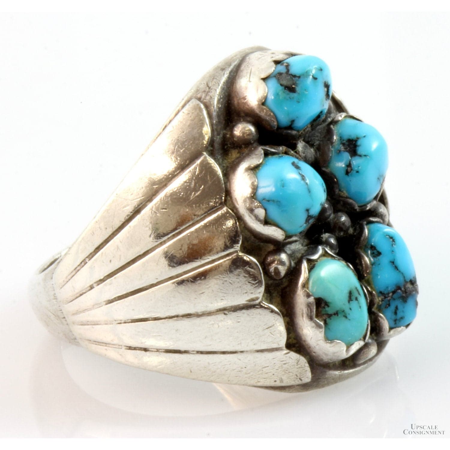 Turquoise Nugget Cluster Sterling Silver Men's Ring - Size 10.5 - Thumbnail 4
