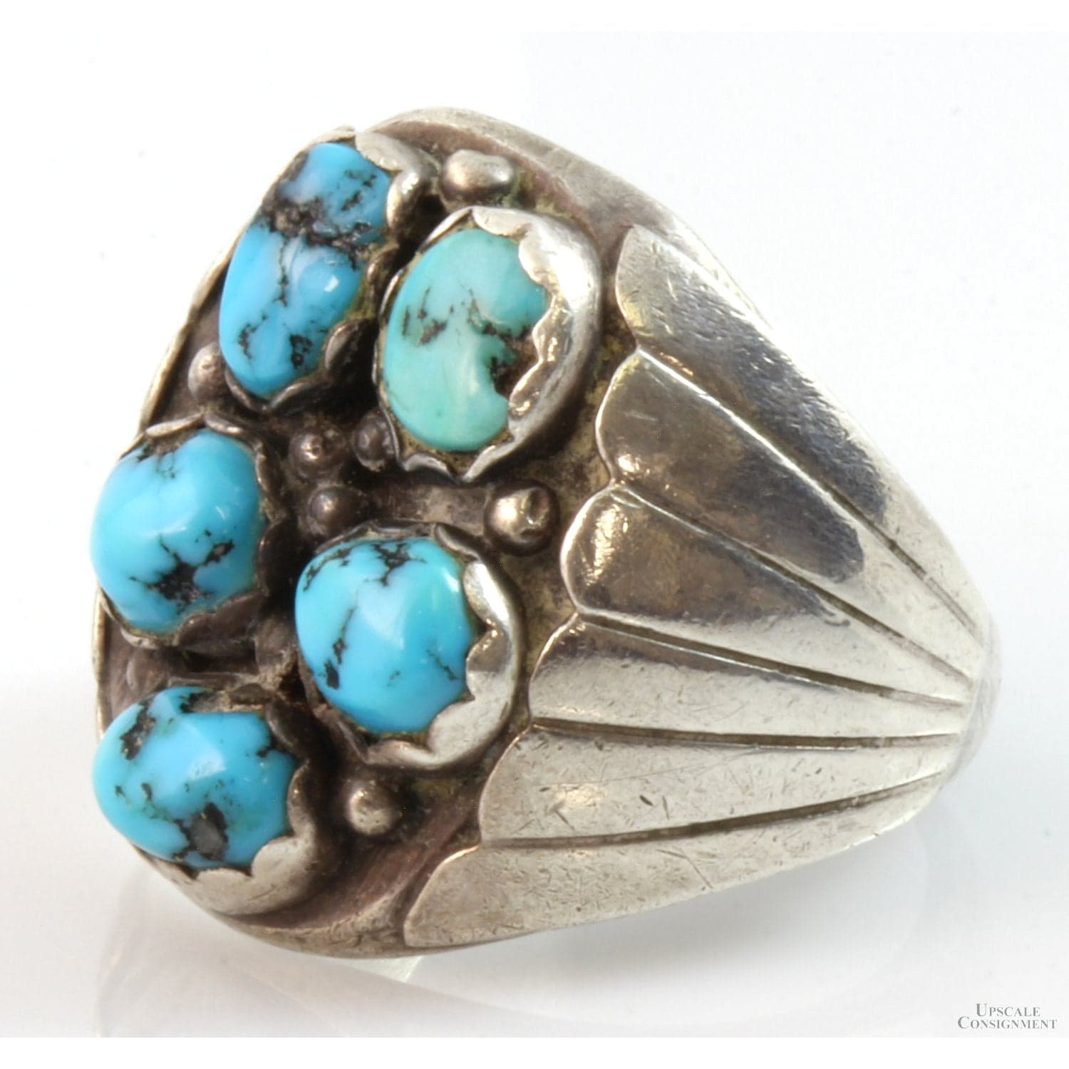 Turquoise Nugget Cluster Sterling Silver Men's Ring - Size 10.5 - Thumbnail 3