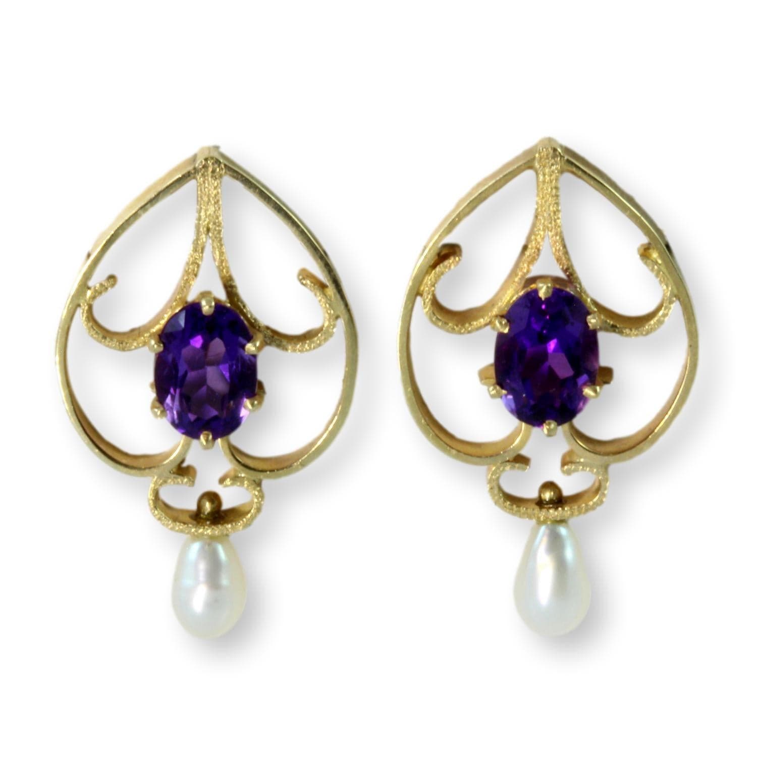 1.08ctw Natural Amethyst & Pearl 14K Yellow Gold Earrings - 1 inch - Image 1
