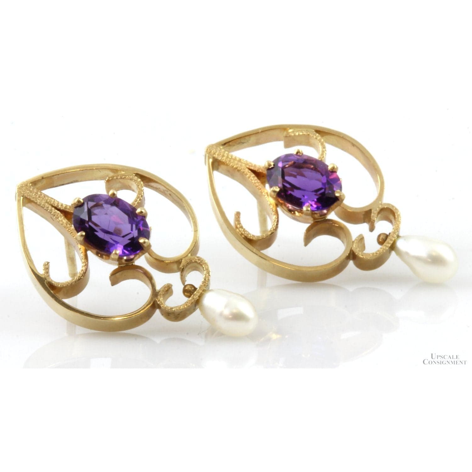 1.08ctw Natural Amethyst & Pearl 14K Yellow Gold Earrings - 1 inch - Thumbnail 3
