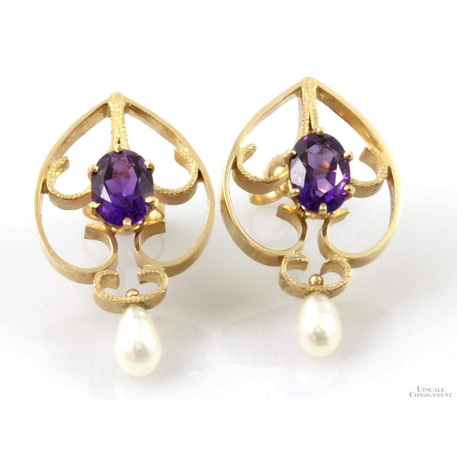 1.08ctw Natural Amethyst & Pearl 14K Yellow Gold Earrings - 1 inch - Thumbnail 2