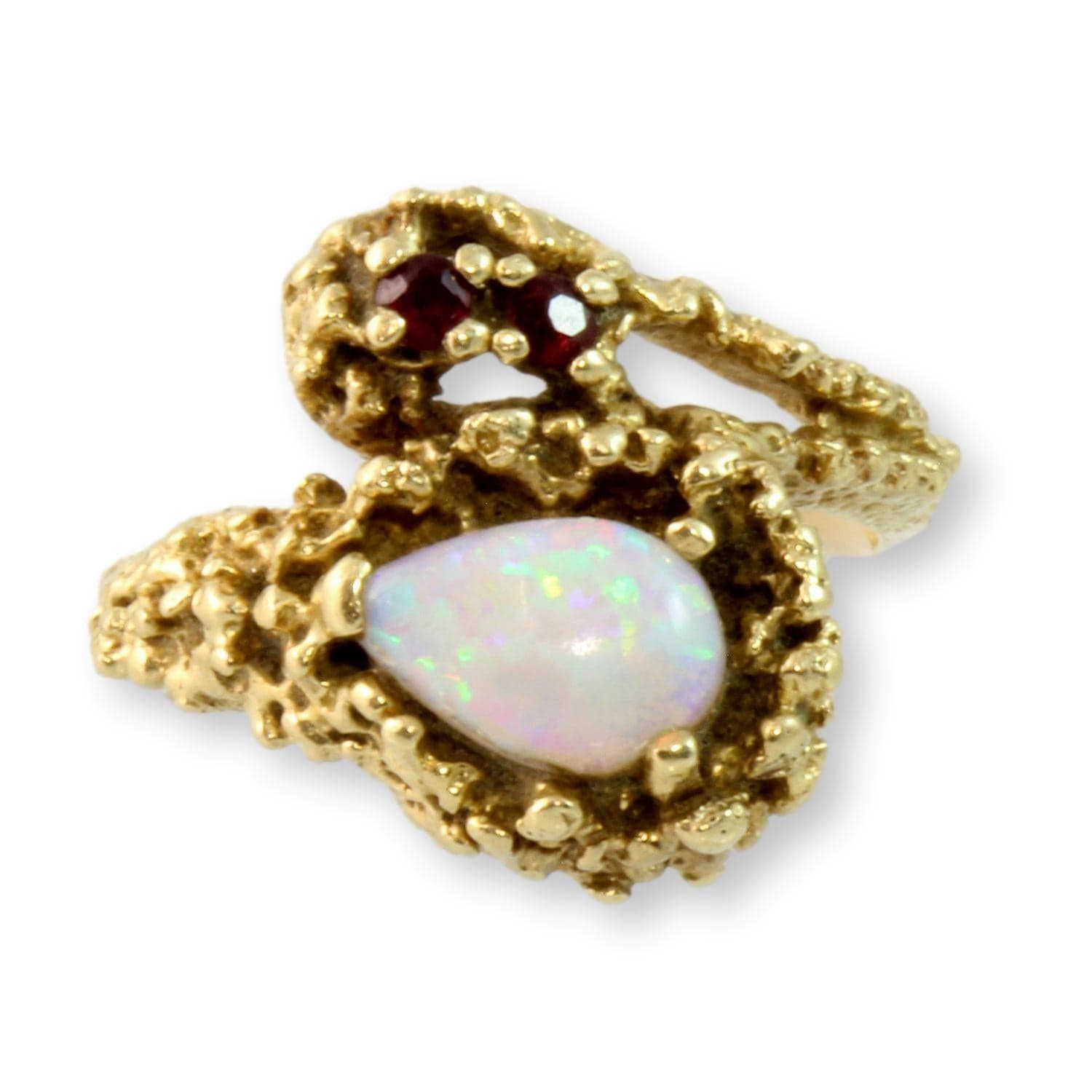 Mid-Century Modern Australian Opal & Ruby 14K Gold Ring - Size 7 - Image 1