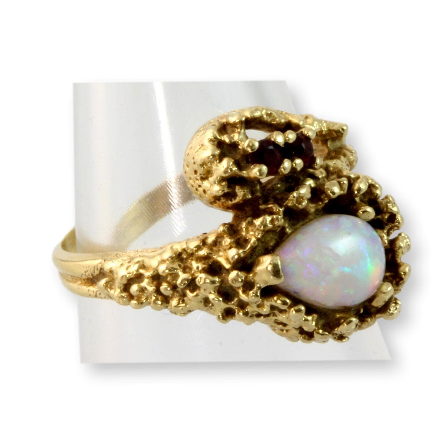 Mid-Century Modern Australian Opal & Ruby 14K Gold Ring - Size 7 - Thumbnail 3