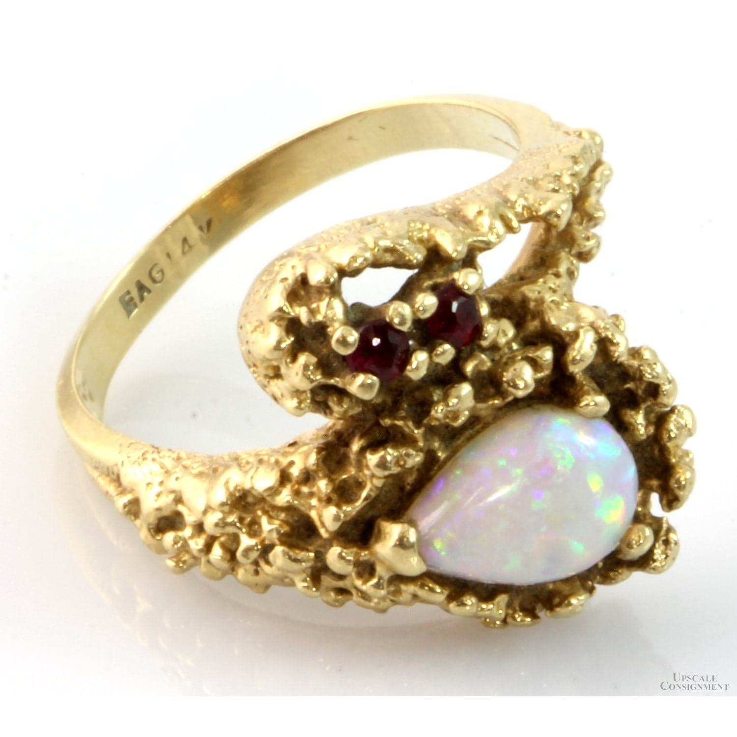Mid-Century Modern Australian Opal & Ruby 14K Gold Ring - Size 7 - Thumbnail 4