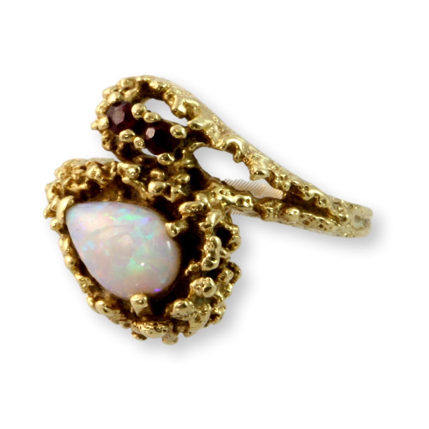Mid-Century Modern Australian Opal & Ruby 14K Gold Ring - Size 7 - Thumbnail 2