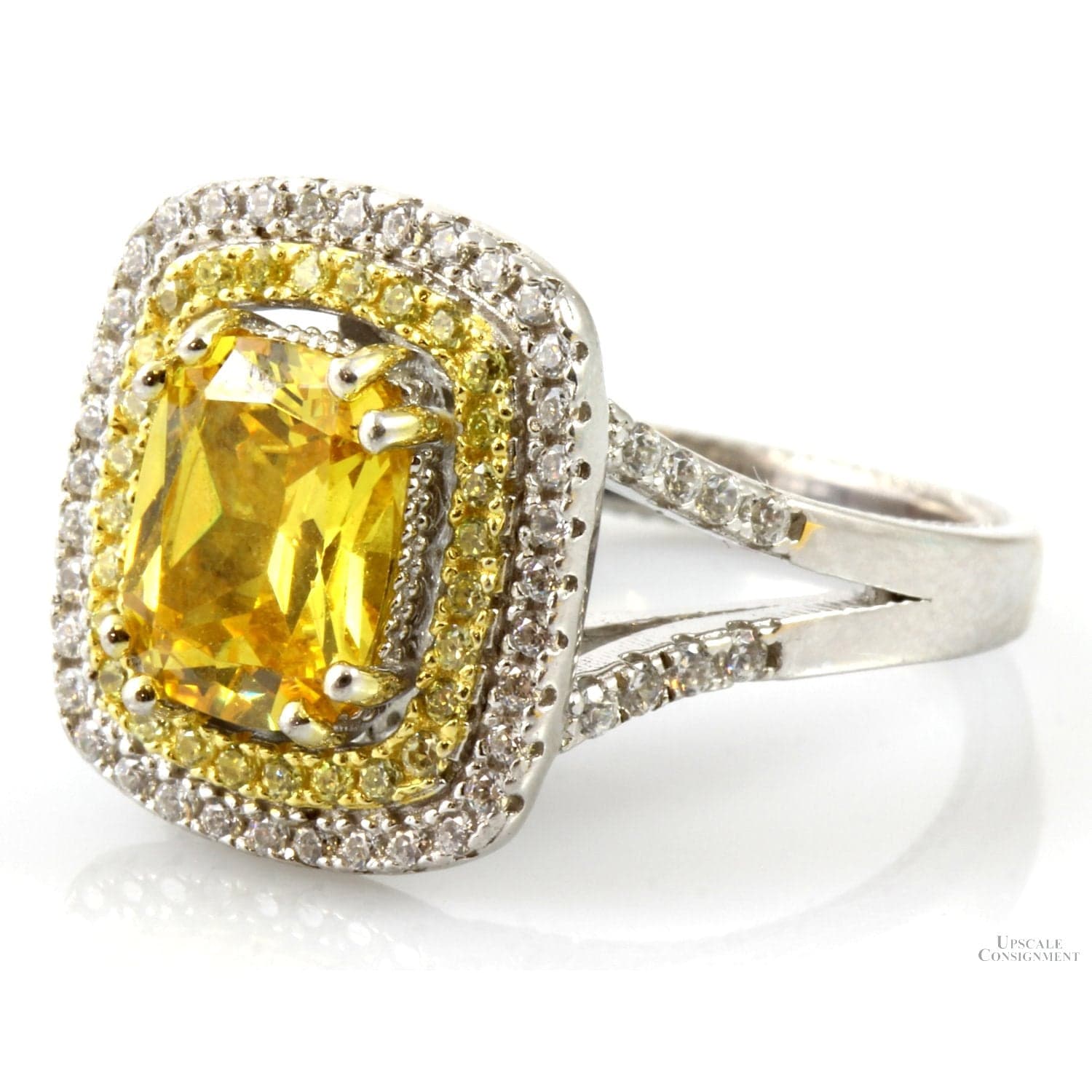 Sterling Silver Yellow & Colorless Double Halo CZ Ring - Size 6 - Thumbnail 2