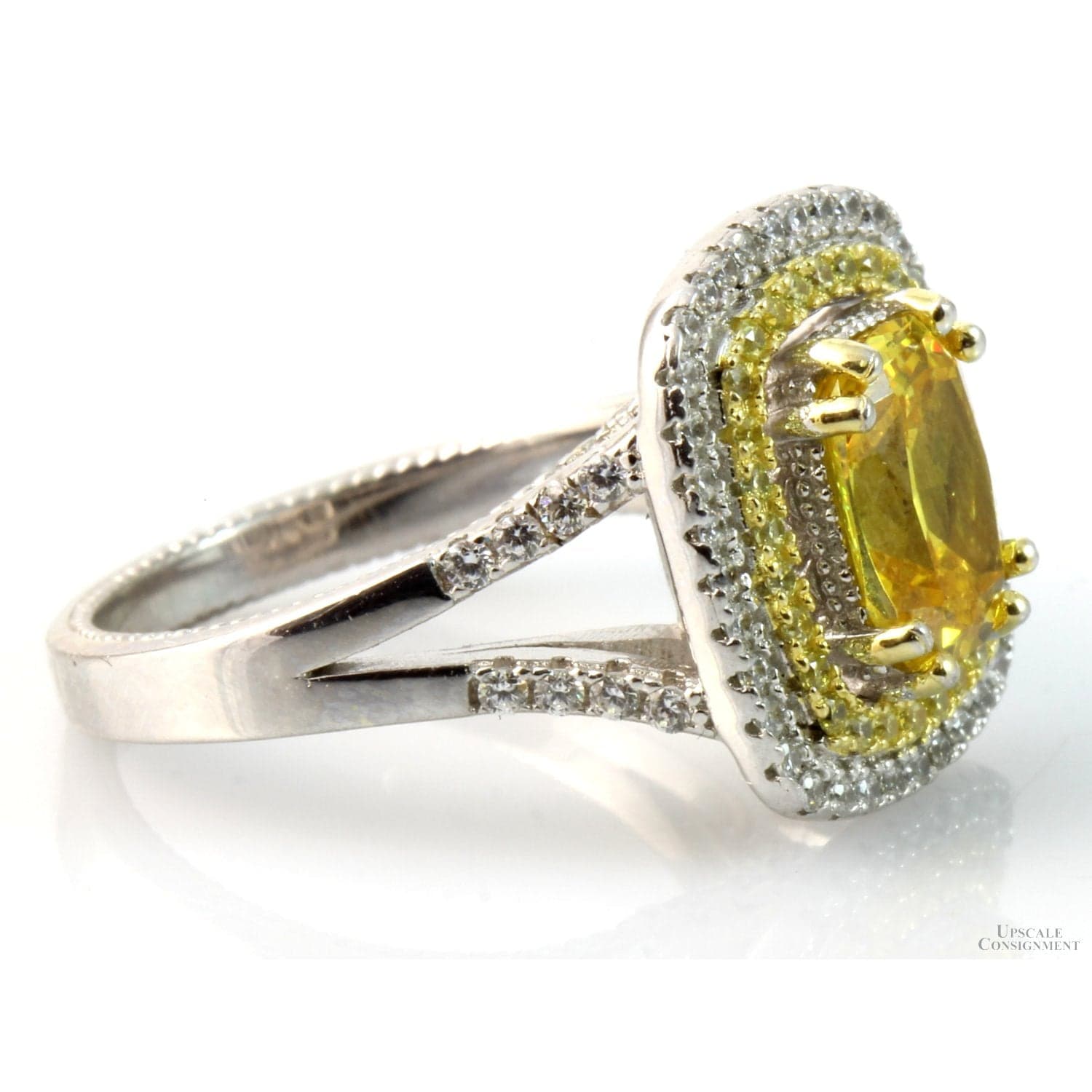 Sterling Silver Yellow & Colorless Double Halo CZ Ring - Size 6 - Thumbnail 3