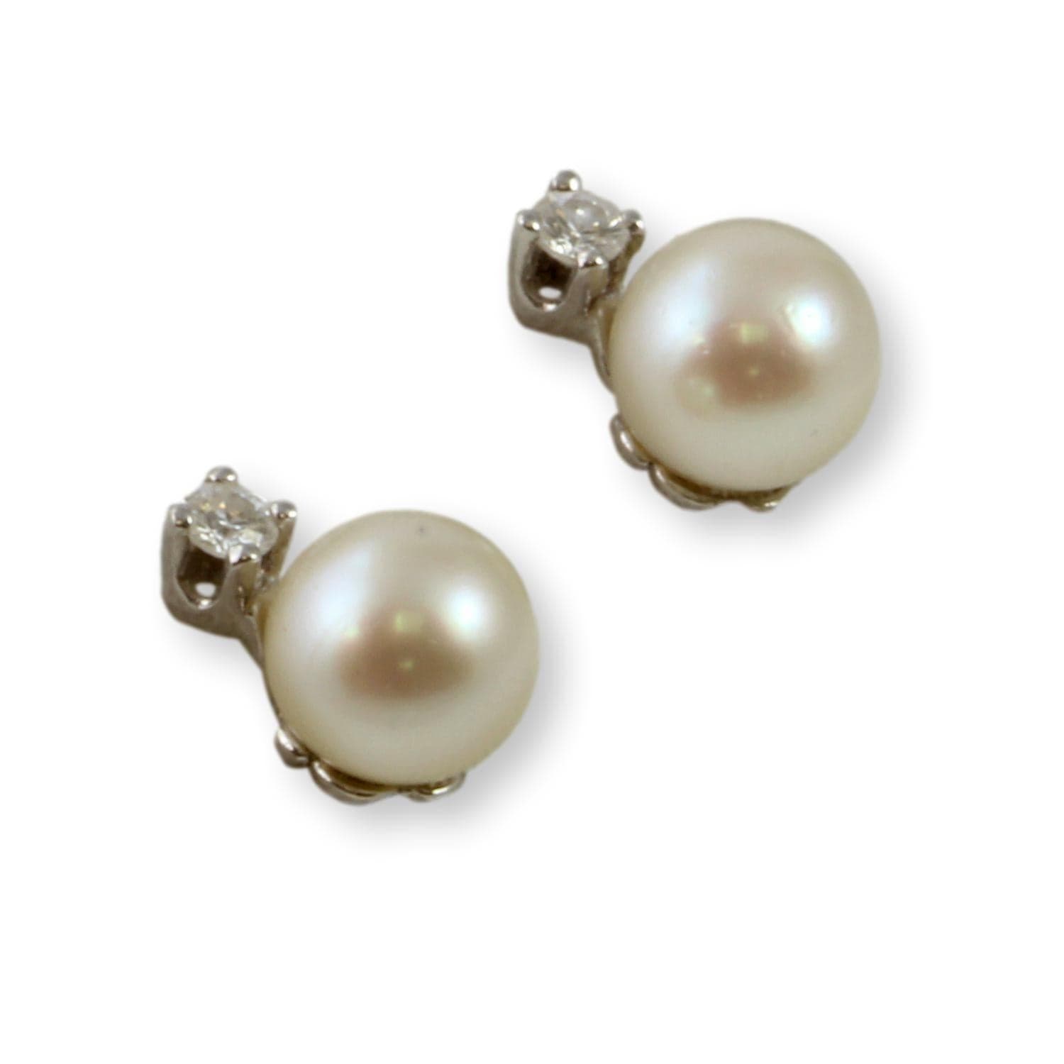 7.5mm Ivory Pearl & Diamond 14K Gold Stud Earrings - Thumbnail 2