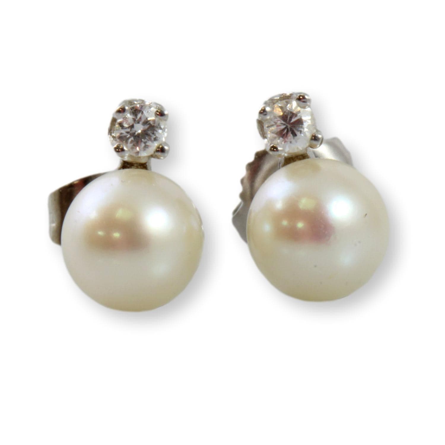 7.5mm Ivory Pearl & Diamond 14K Gold Stud Earrings - Thumbnail 3