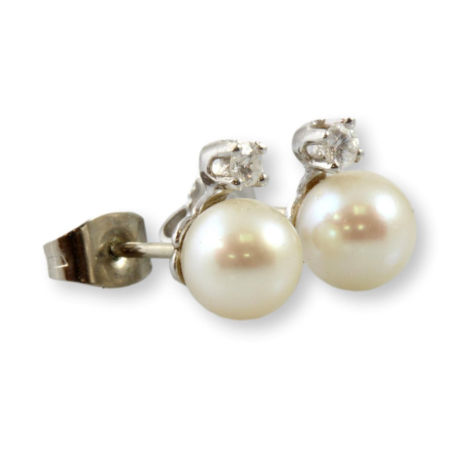 7.5mm Ivory Pearl & Diamond 14K Gold Stud Earrings - Thumbnail 4