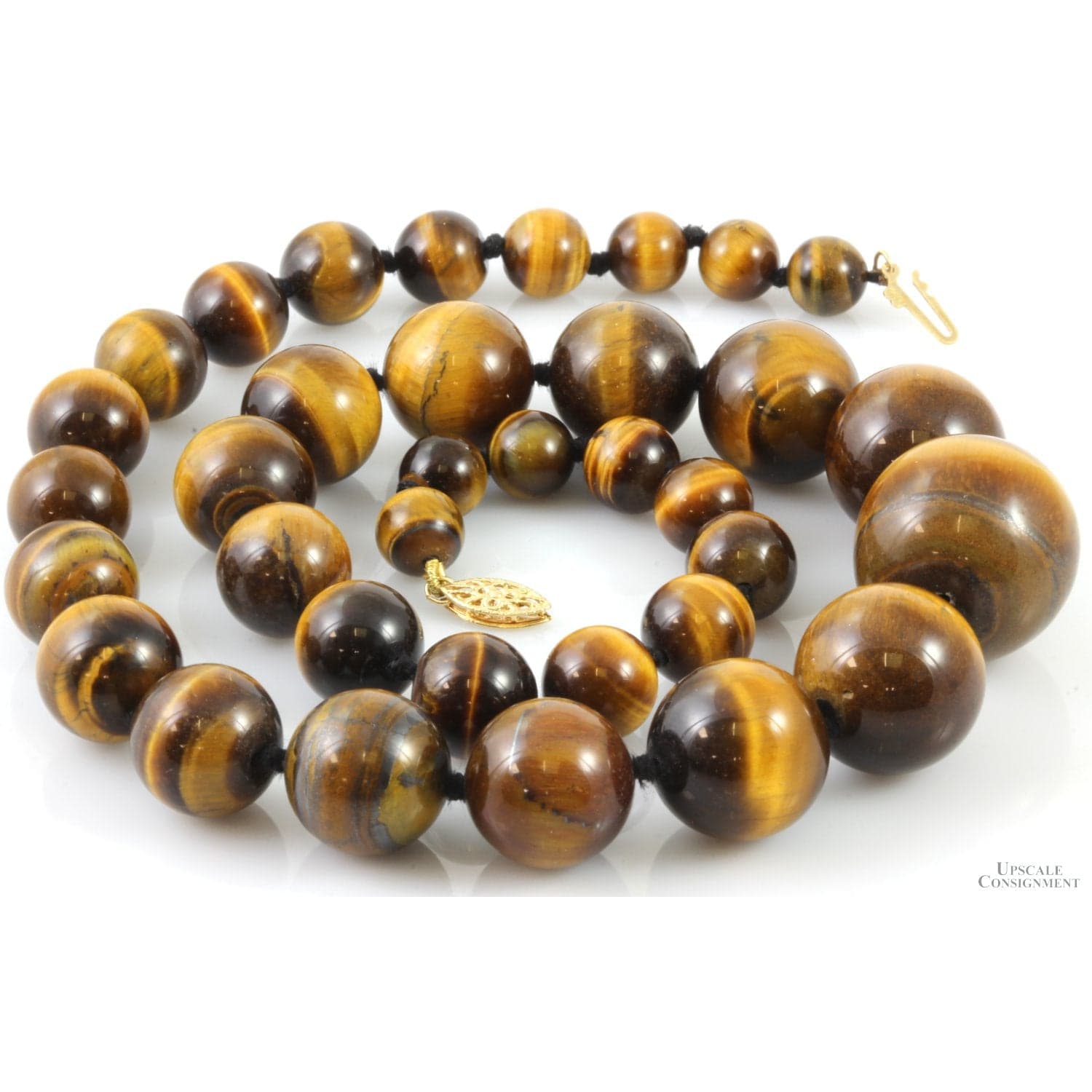Graduated Tiger's Eye Handknotted Bead 14K Gold Necklace - 19 in - Thumbnail 2