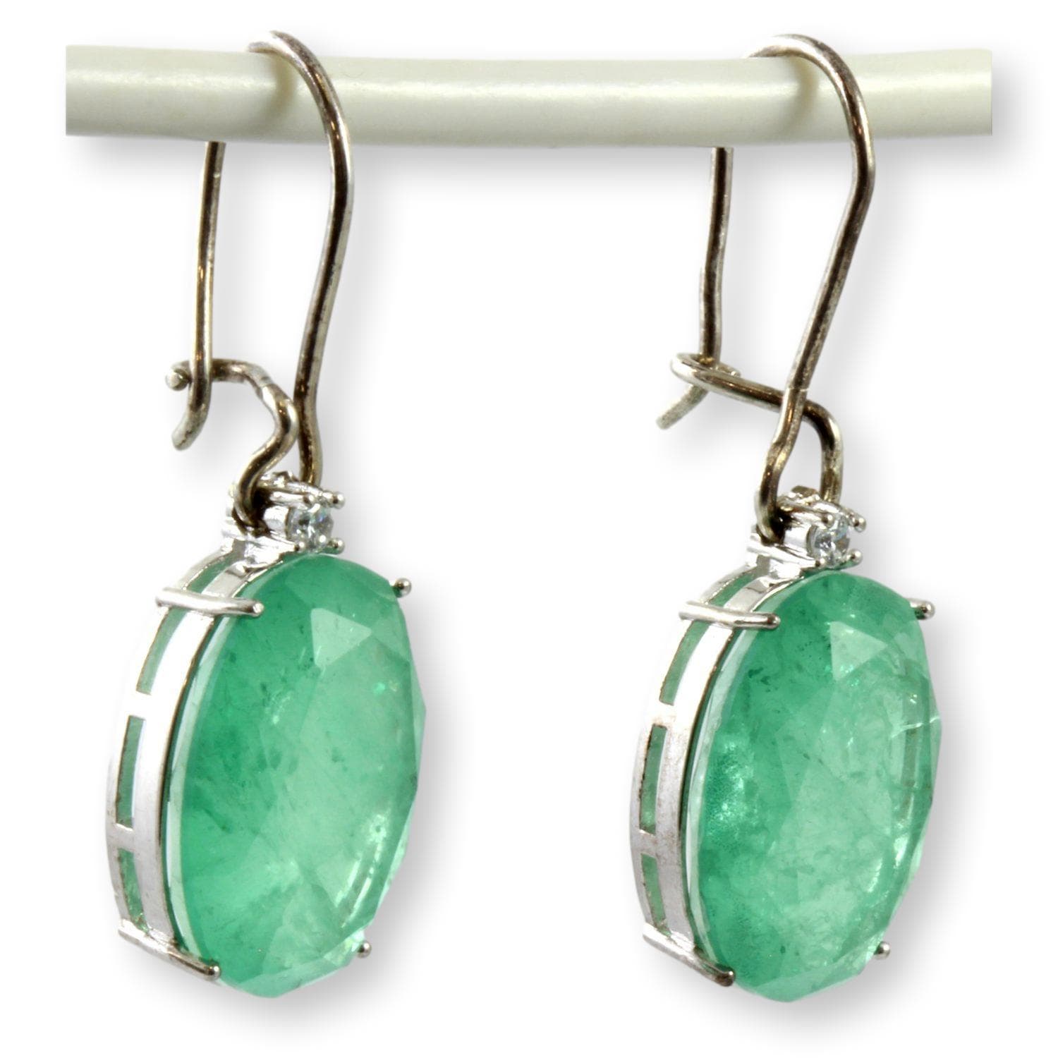 Green Quartz Doublet & Diamond Silver Tone Earrings - 1.5 in - Thumbnail 2