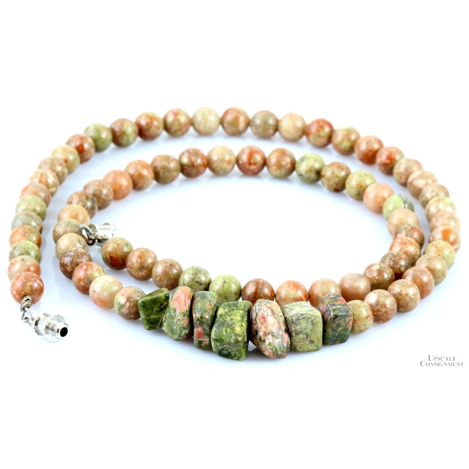 Unakite Round & Rough Bead Sterling Silver Necklace - 19 in - Thumbnail 3