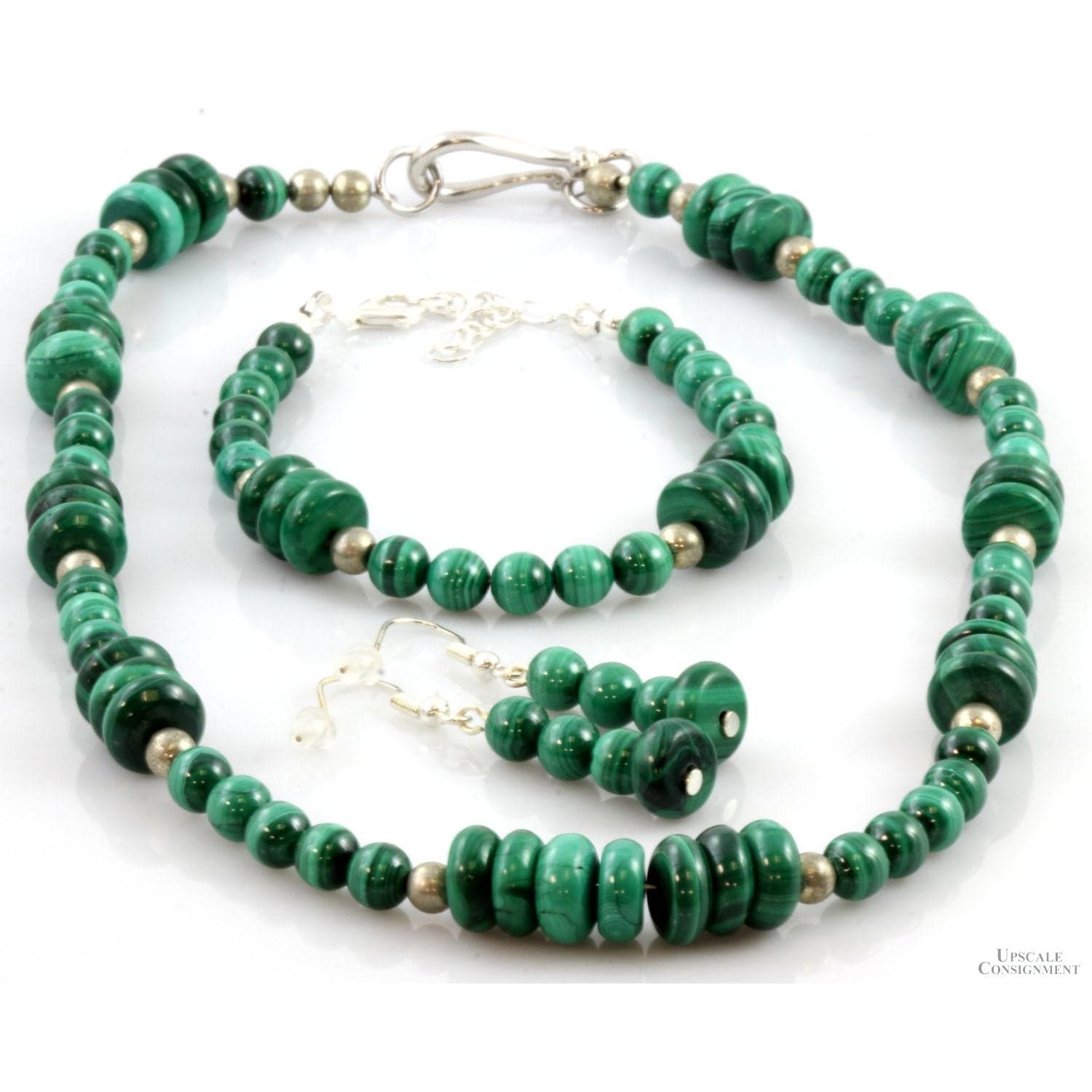 Natural Malachite Bead & Sterling Silver Three Piece Set - 18 in - Image 1