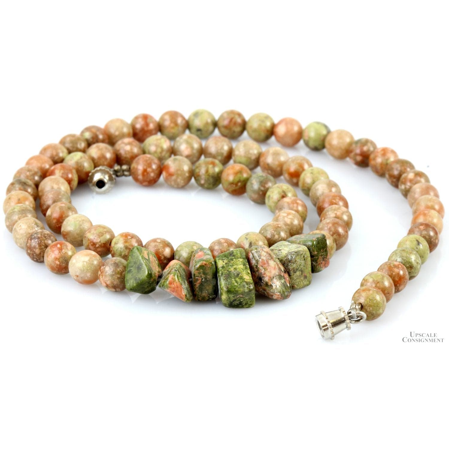 Unakite Round & Rough Bead Sterling Silver Necklace - 19 in - Thumbnail 4