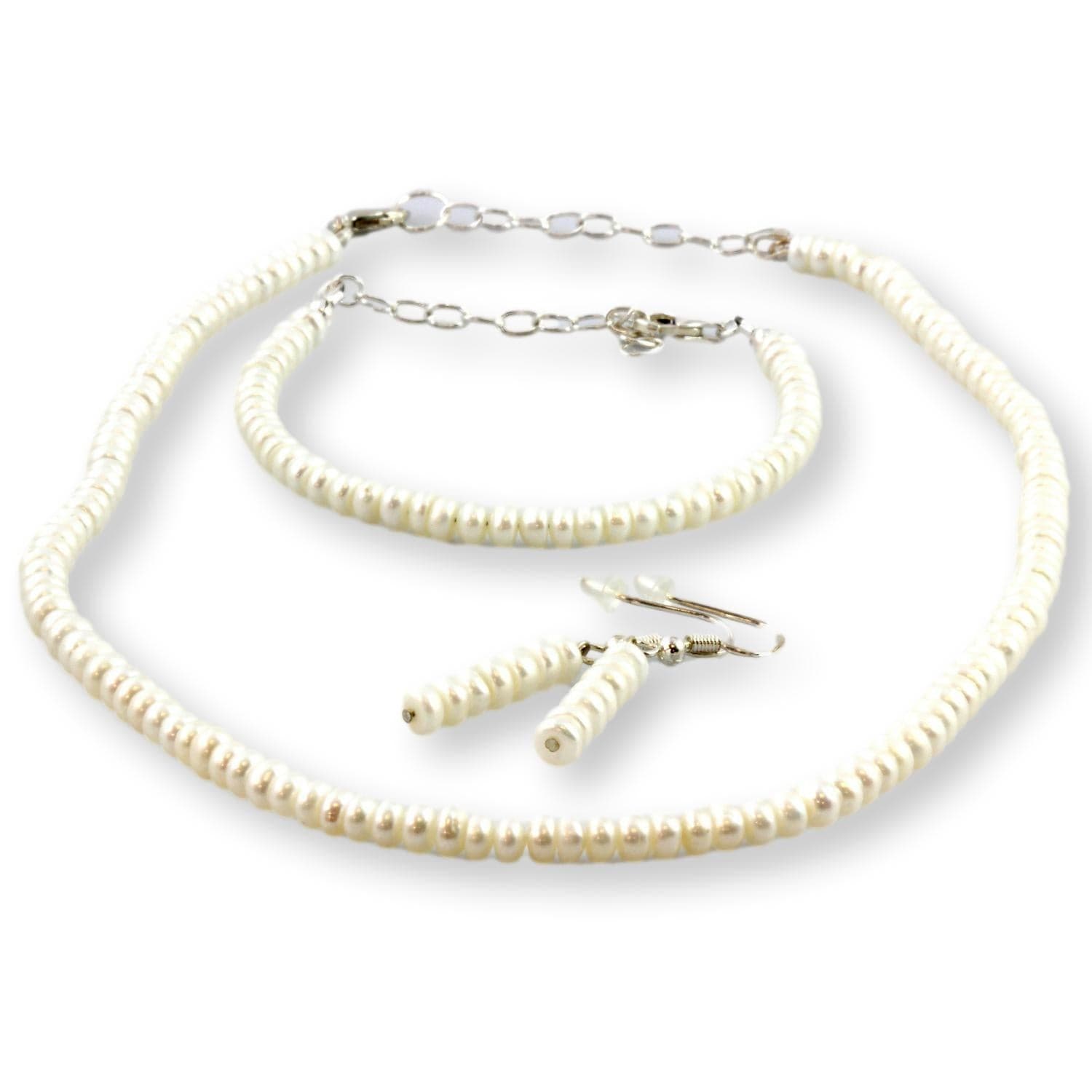 White Cultured Button Pearl Sterling Silver Three Piece Set - 16"-18" - Image 1