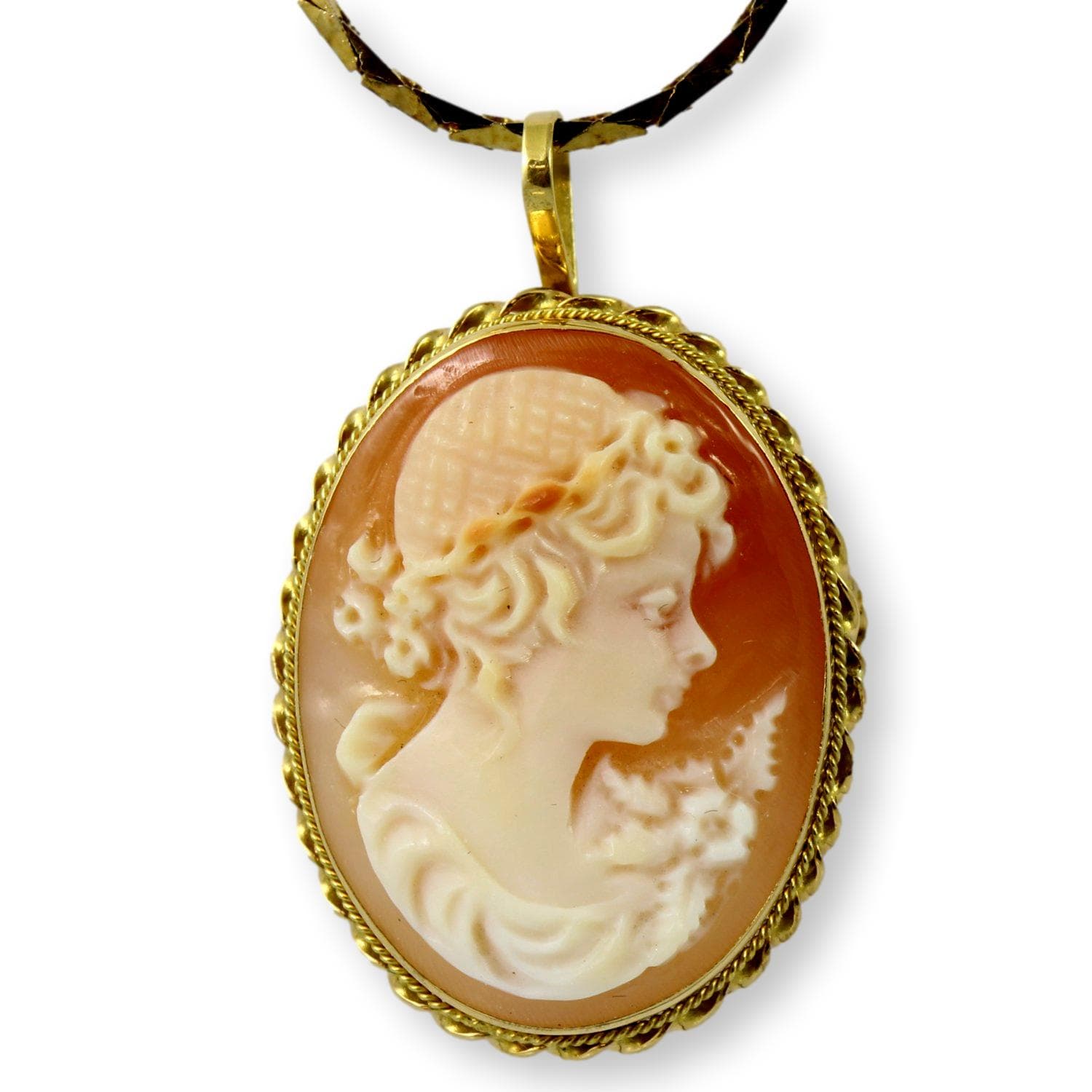 Italian 18K Yellow Gold Carved Shell Cameo Brooch Pendant - Image 1