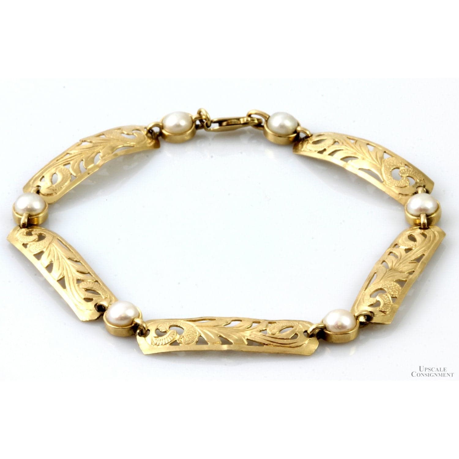 14K Gold Foliate Design Link Cultured Pearl Bracelet - 7.75" - Image 1