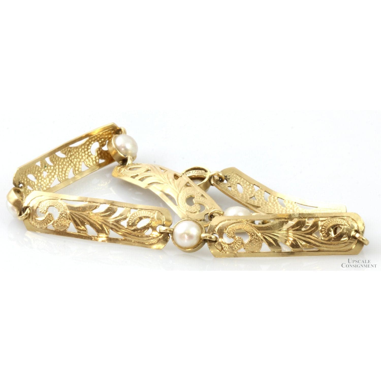 14K Gold Foliate Design Link Cultured Pearl Bracelet - 7.75" - Thumbnail 2