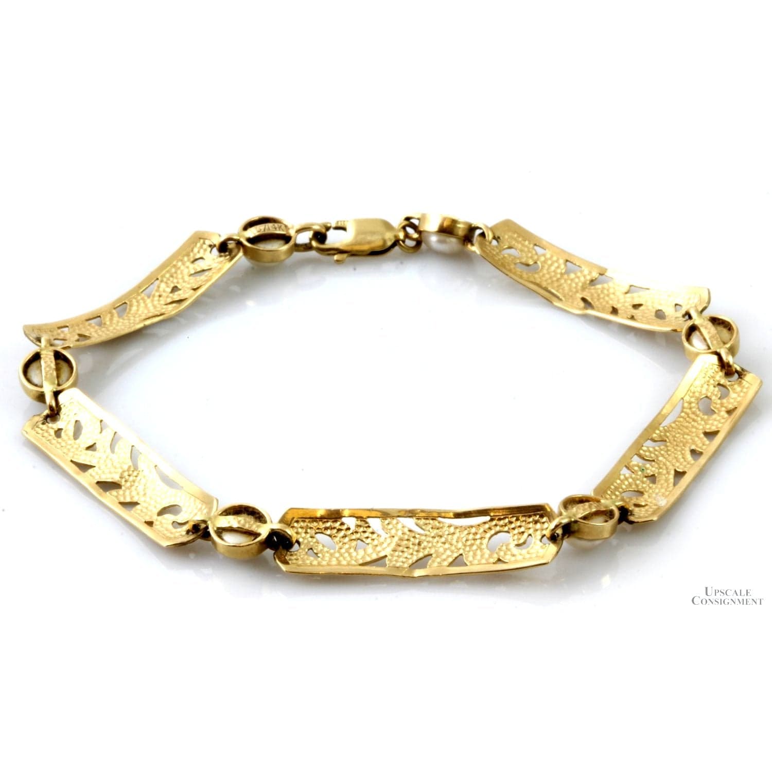 14K Gold Foliate Design Link Cultured Pearl Bracelet - 7.75" - Thumbnail 4