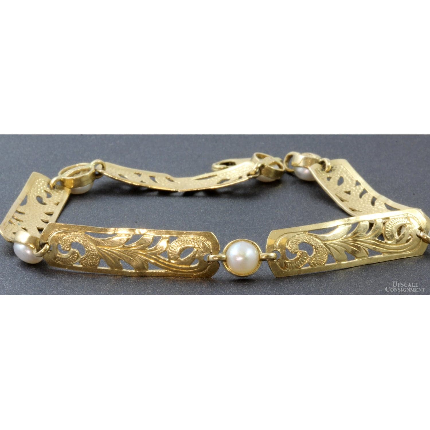 14K Gold Foliate Design Link Cultured Pearl Bracelet - 7.75" - Thumbnail 3