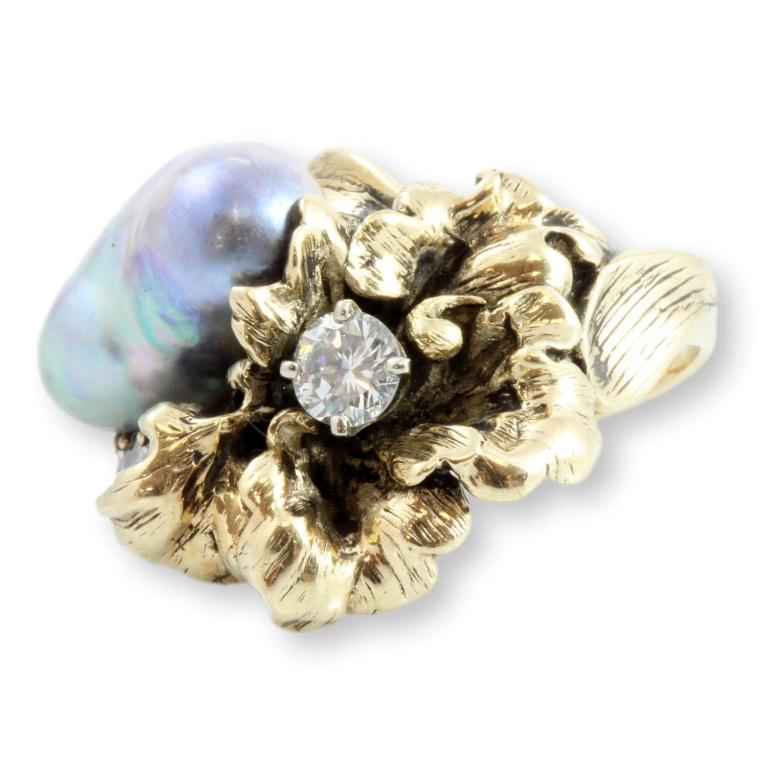 1.15ctw Diamond Blue-Gray Baroque Pearl 14K Gold Ring - Size 7 - Thumbnail 4