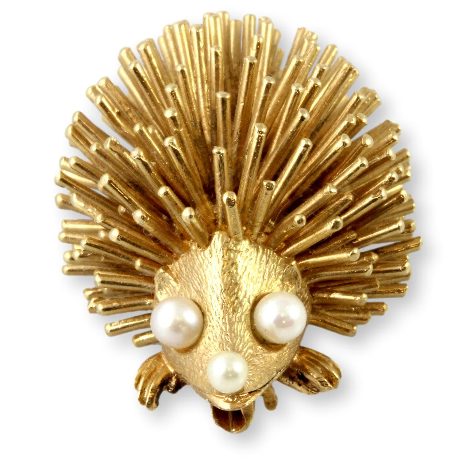 14K Textured Hedgehog Face Pearl Eyes & Nose Brooch - Image 1