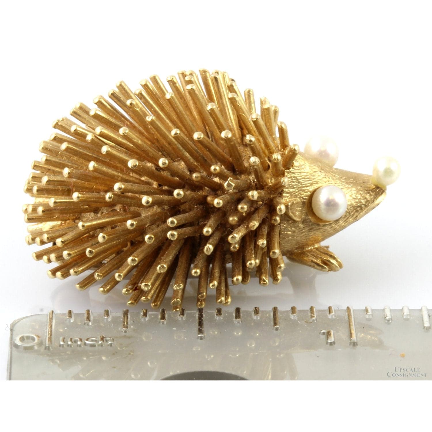 14K Textured Hedgehog Face Pearl Eyes & Nose Brooch - Thumbnail 2