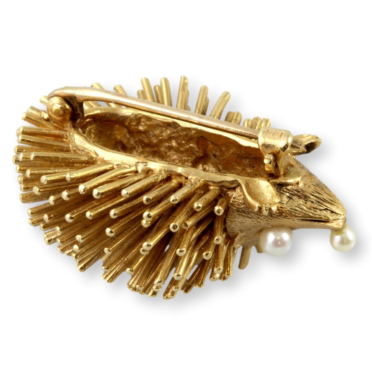 14K Textured Hedgehog Face Pearl Eyes & Nose Brooch - Thumbnail 3