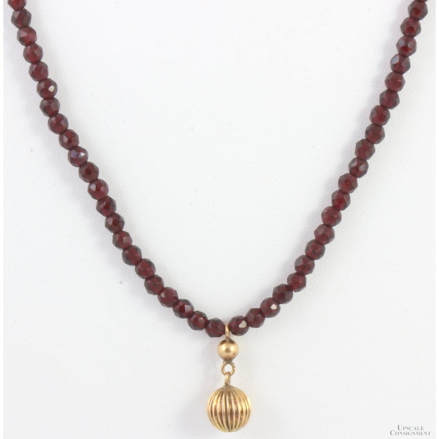 Faceted Garnet Bead Necklace - 14K Fluted Ball Pendant & Clasp - 24 in - Image 1