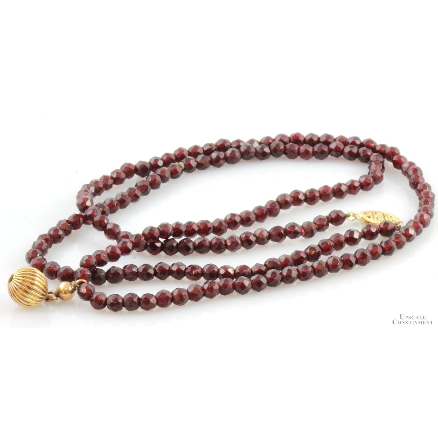 Faceted Garnet Bead Necklace - 14K Fluted Ball Pendant & Clasp - 24 in - Thumbnail 2