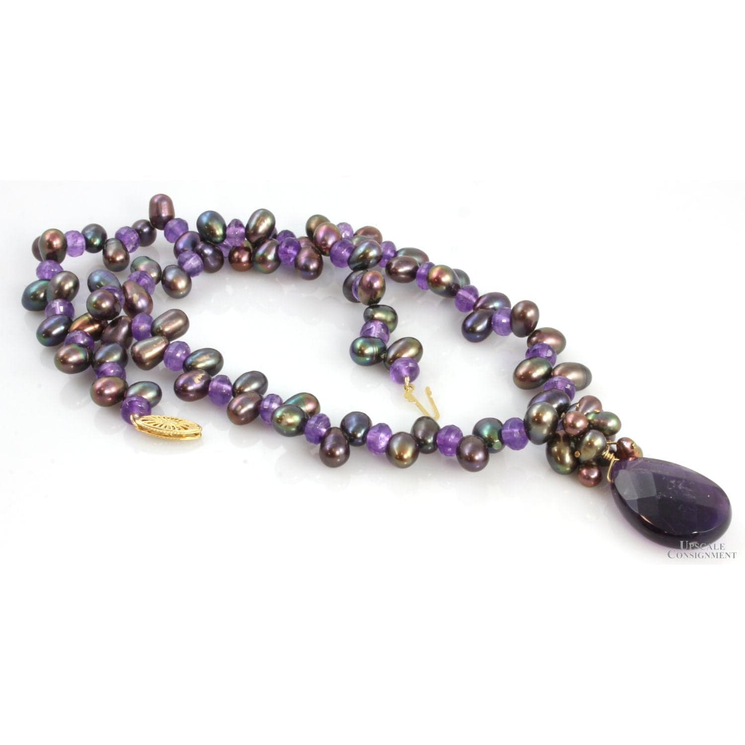 14K Gold Tahitian Pearl & Amethyst Pendant Necklace - 18" - 20" - Thumbnail 3