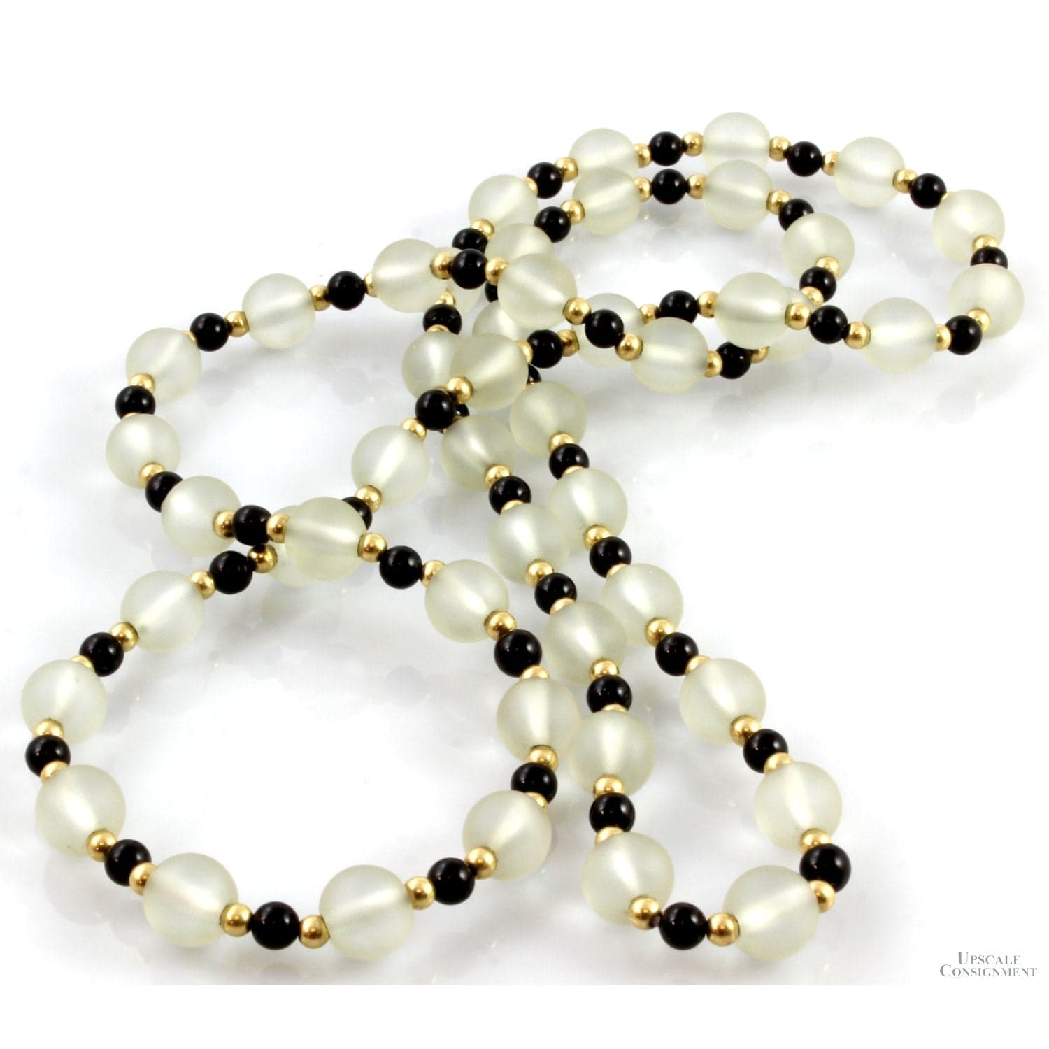 Frosted Rock Crystal Black Onyx 14K Gold Bead Necklace - 30 in - Thumbnail 3