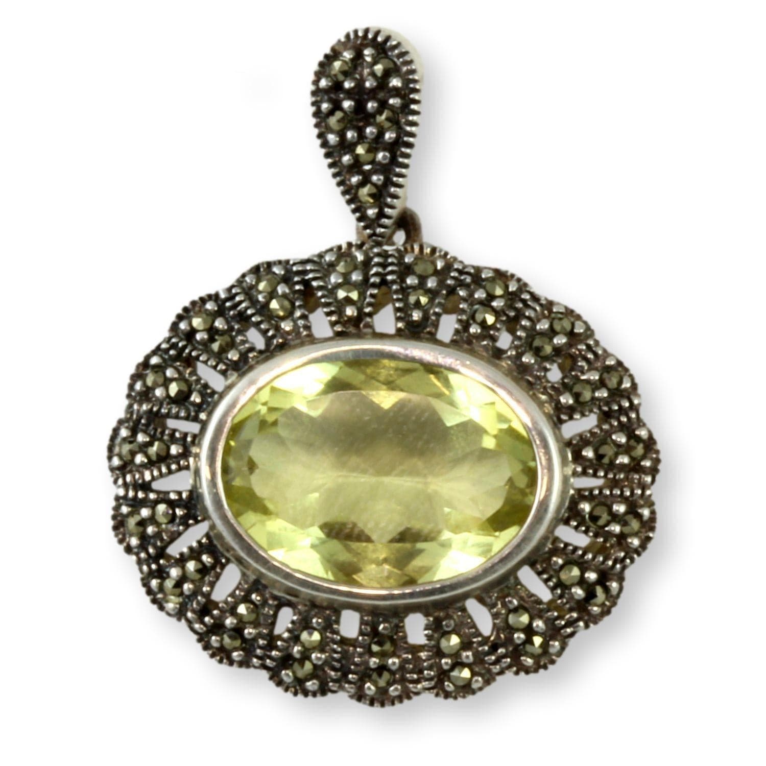 Lemon Quartz & Marcasite Petal Halo Sterling Silver Pendant - 1.375" - Image 1