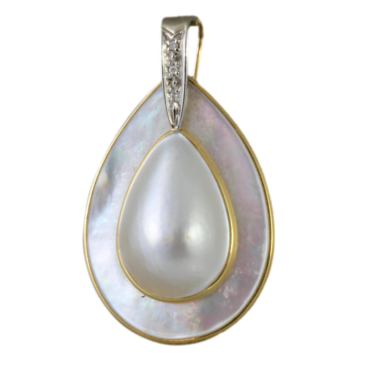 Mother of Pearl, Mabe Pearl, Diamond 14K Gold Pendant Enhancer - 1.625" - Image 1