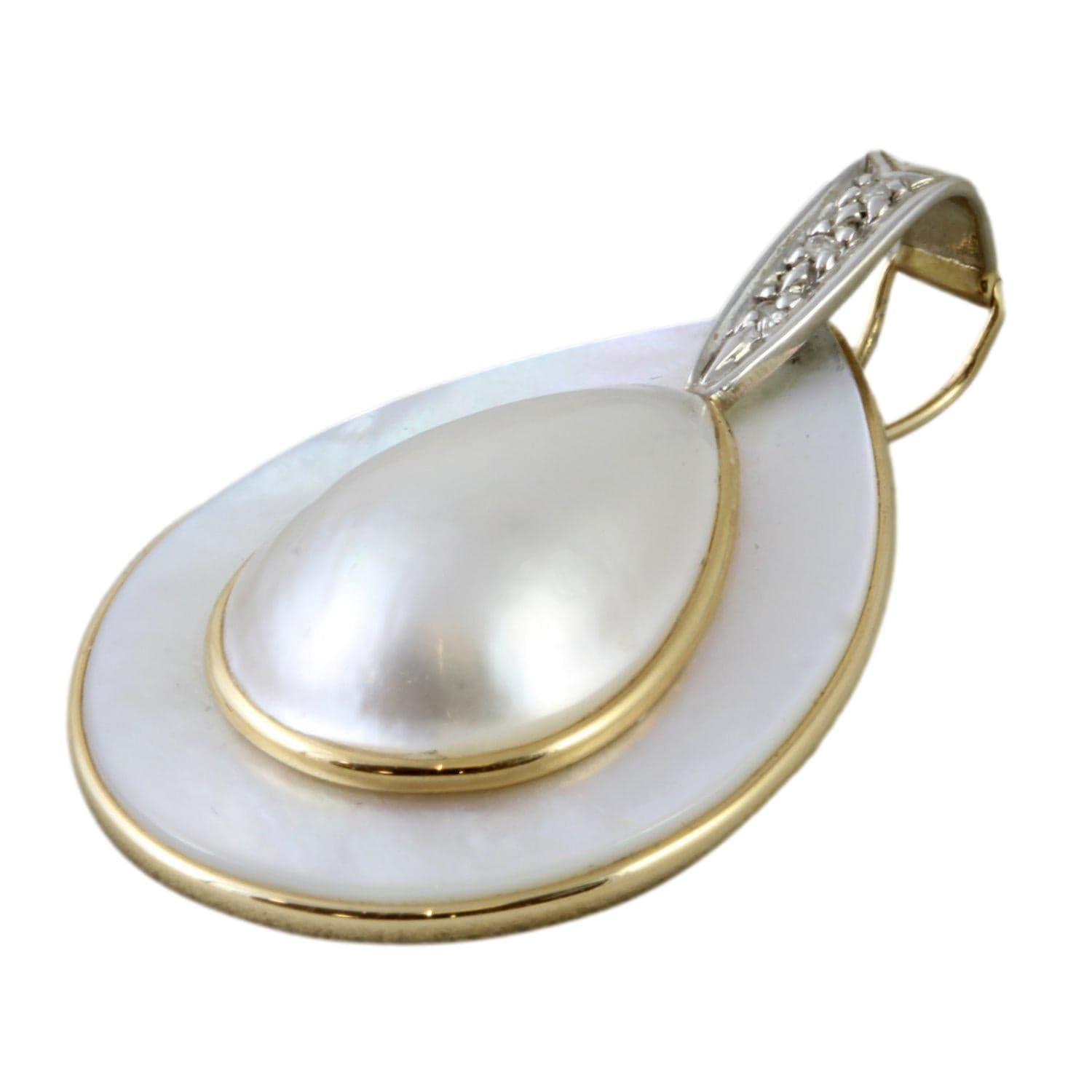 Mother of Pearl, Mabe Pearl, Diamond 14K Gold Pendant Enhancer - 1.625" - Thumbnail 2