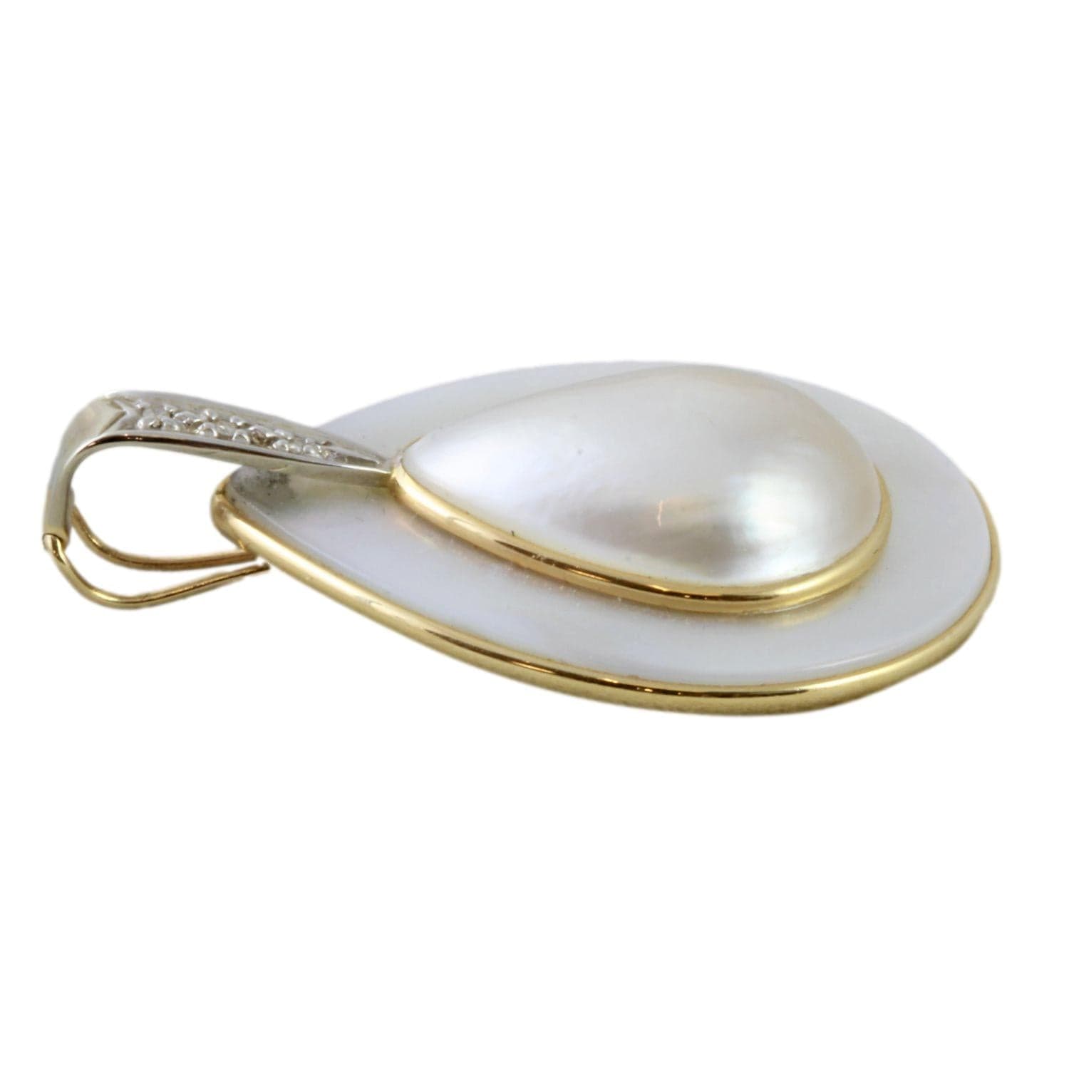 Mother of Pearl, Mabe Pearl, Diamond 14K Gold Pendant Enhancer - 1.625" - Thumbnail 3