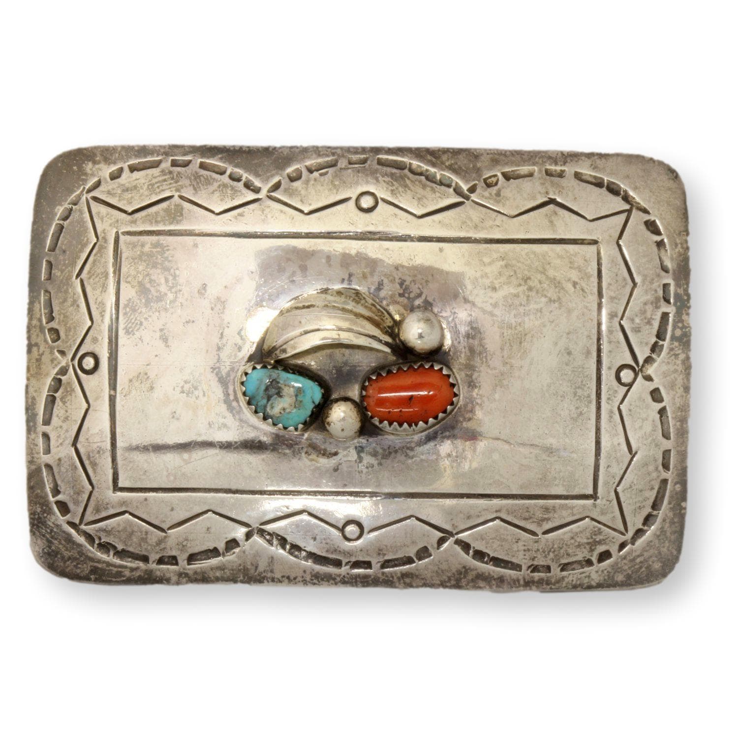Turquoise Coral Belt Buckle Vintage Navajo Stamp-Carving - 3" x 2" - Image 1
