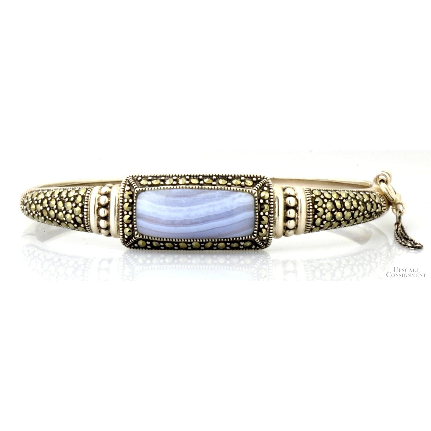 Blue Lace Agate & Marcasite Sterling Silver Hinged Bangle - Size 7 - 7.25 - Image 1