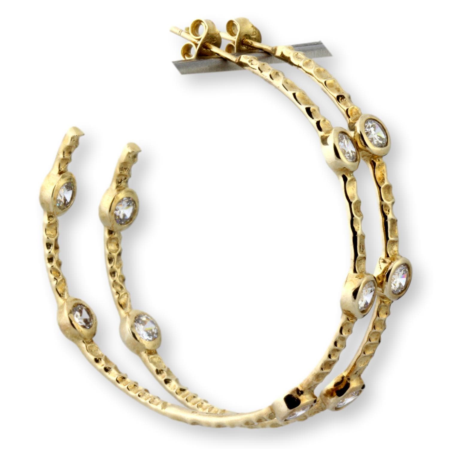 Gold Vermeil CZ Inside-Out Hoop Earrings Sculpted Design - 1.75" - Image 1