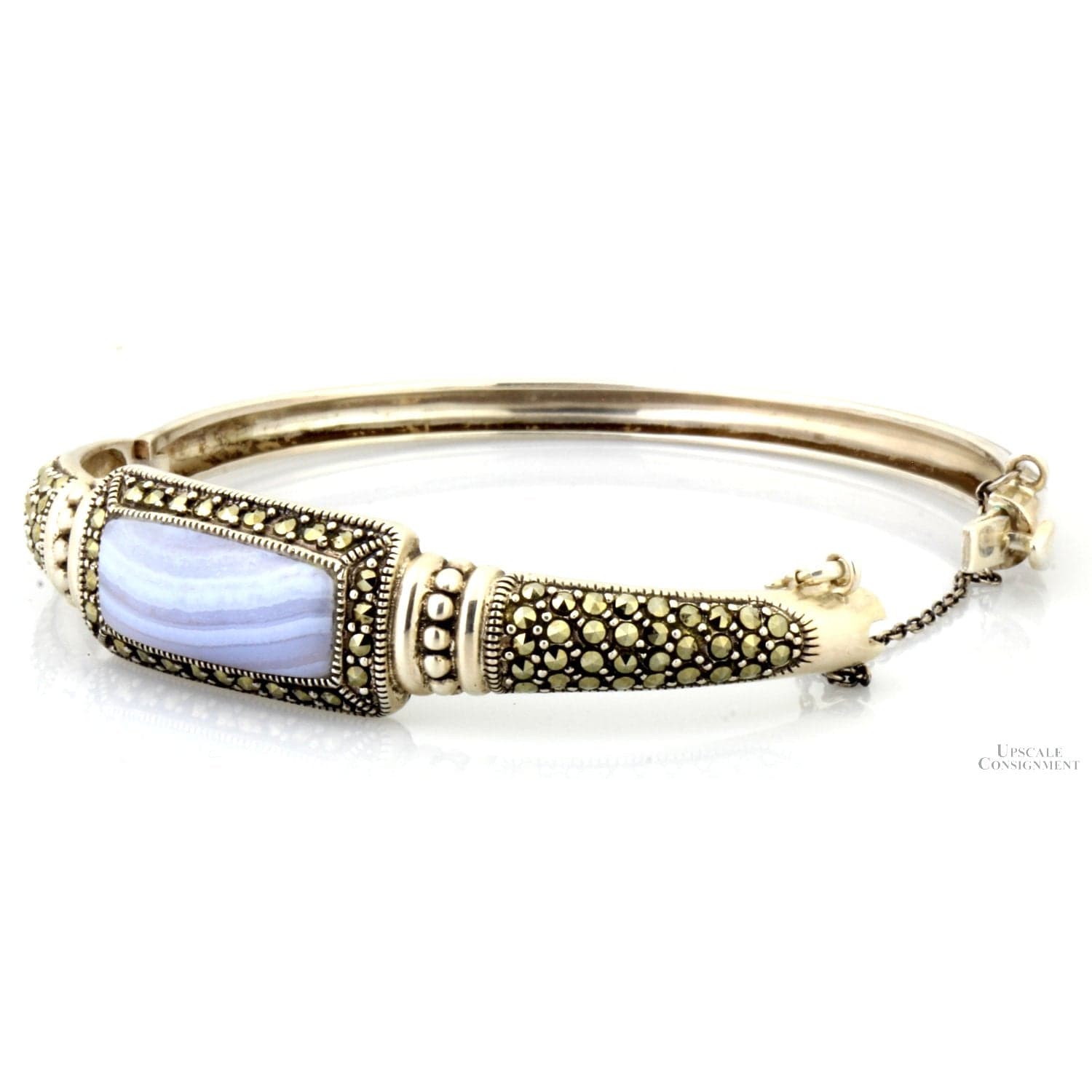 Blue Lace Agate & Marcasite Sterling Silver Hinged Bangle - Size 7 - 7.25 - Thumbnail 2