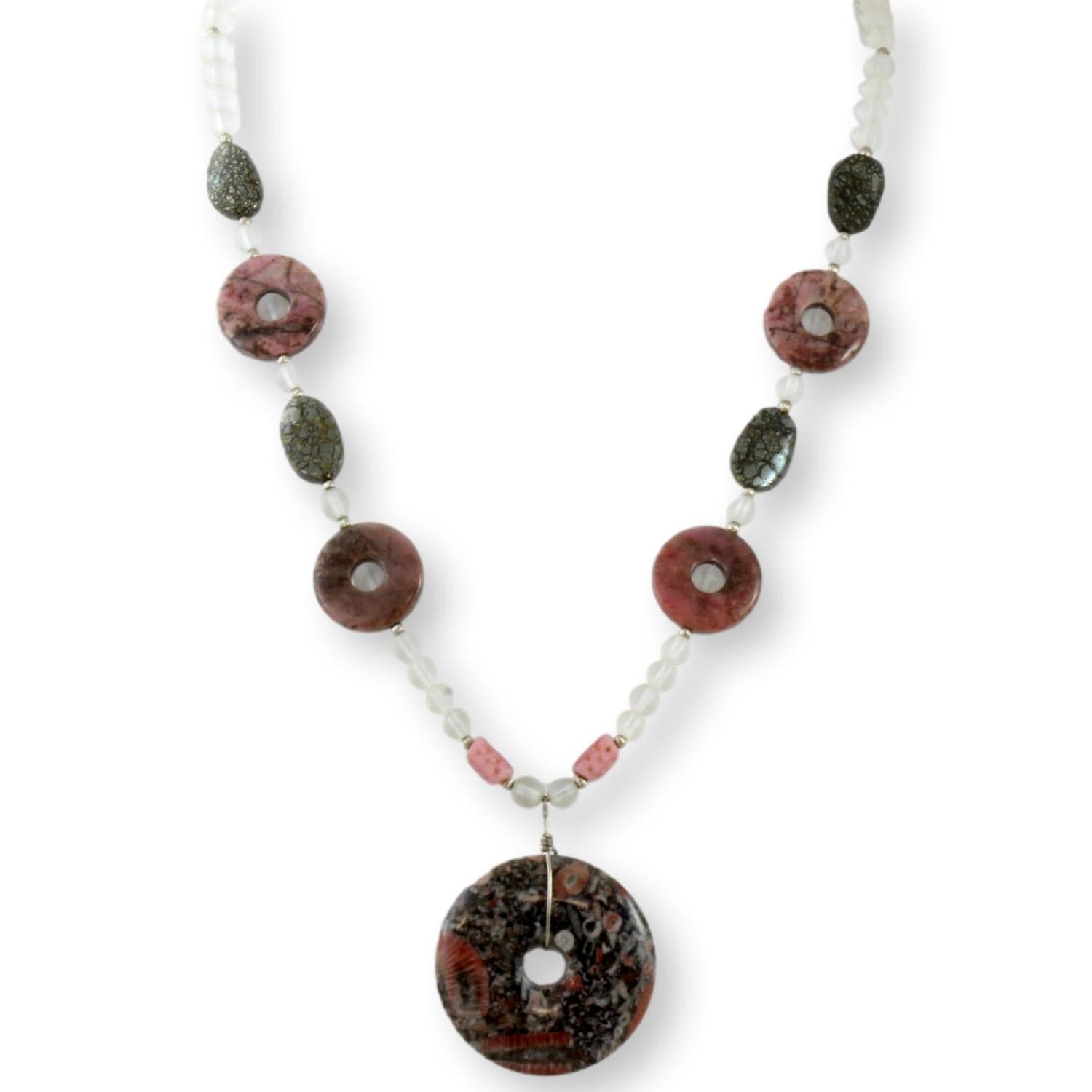 Rhodonite Quartz Hematite Bead Trochite Sea Lily Fossil Pendant - 20 in - Image 1