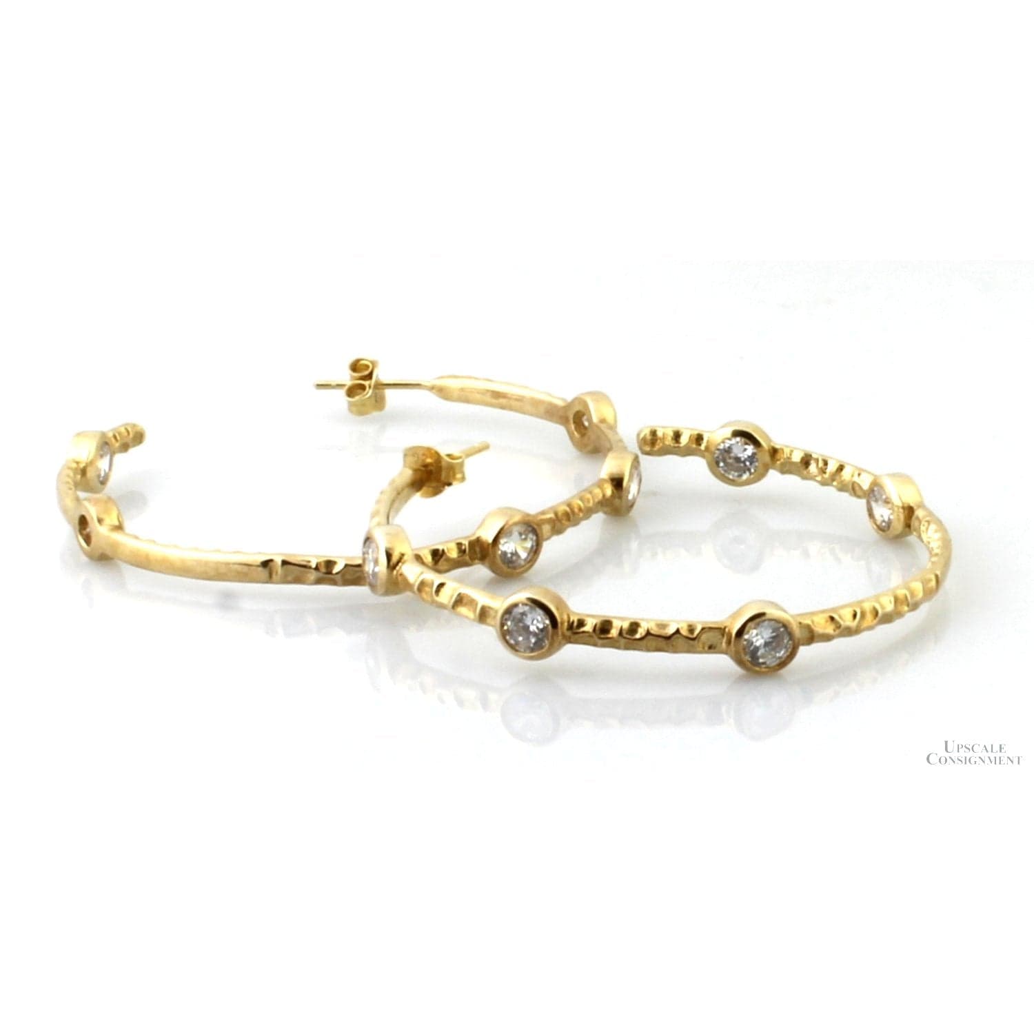 Gold Vermeil CZ Inside-Out Hoop Earrings Sculpted Design - 1.75" - Thumbnail 2