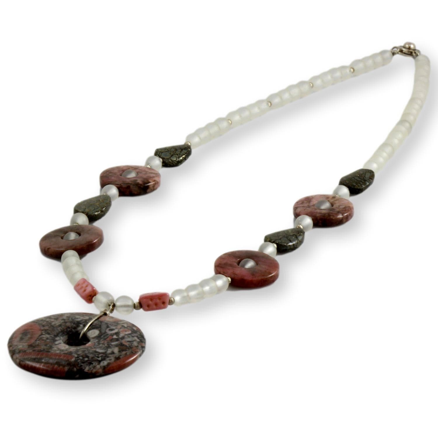 Rhodonite Quartz Hematite Bead Trochite Sea Lily Fossil Pendant - 20 in - Thumbnail 2