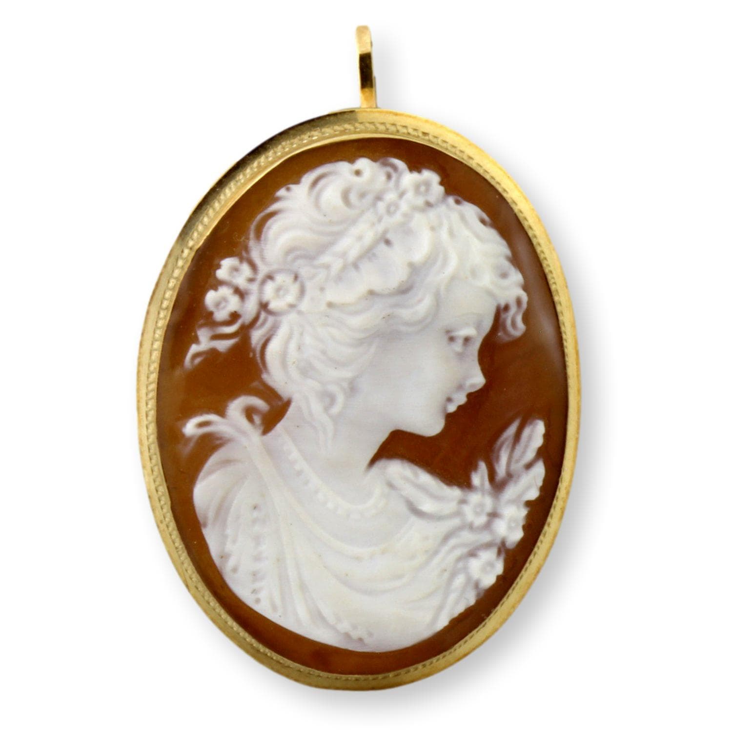 14K Gold Carved Shell Cameo Brooch Pendant Signed Naples Italy - 1.125" - Image 1