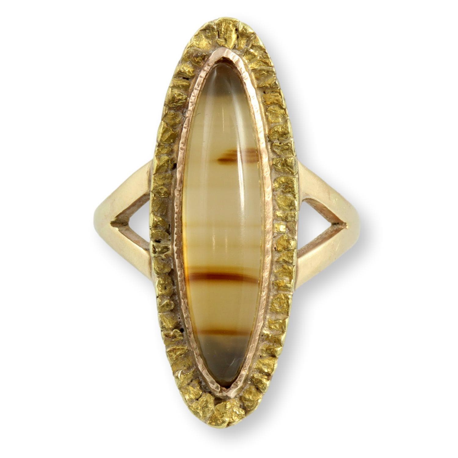 1920s 14K Gold Marquise Agate 22K-24K Gold Nugget Navette Ring - Size 6 - Image 1