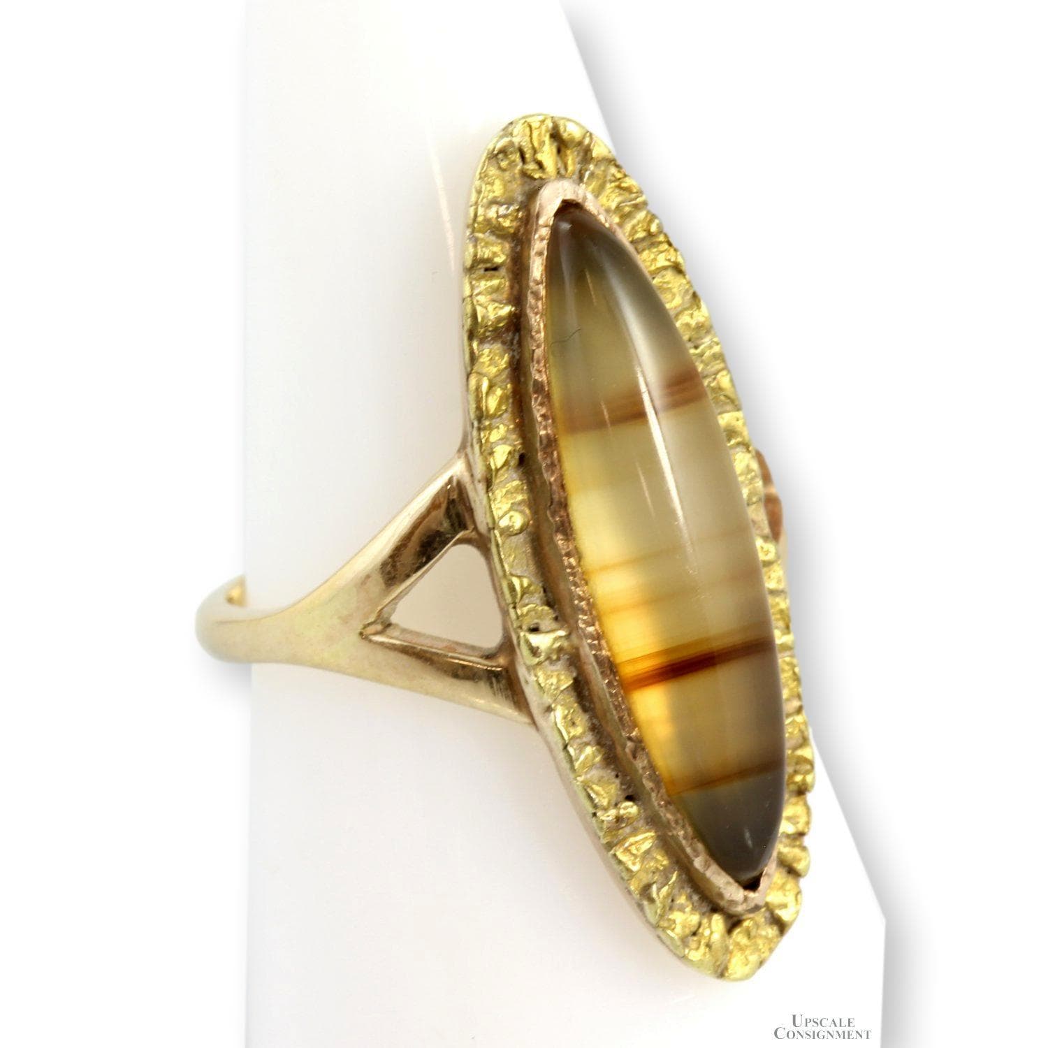 1920s 14K Gold Marquise Agate 22K-24K Gold Nugget Navette Ring - Size 6 - Thumbnail 3